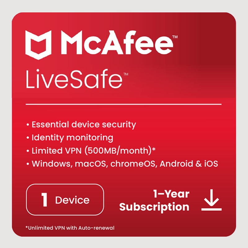 McAfee Livesafe 1 Year 1 Device - Instant License